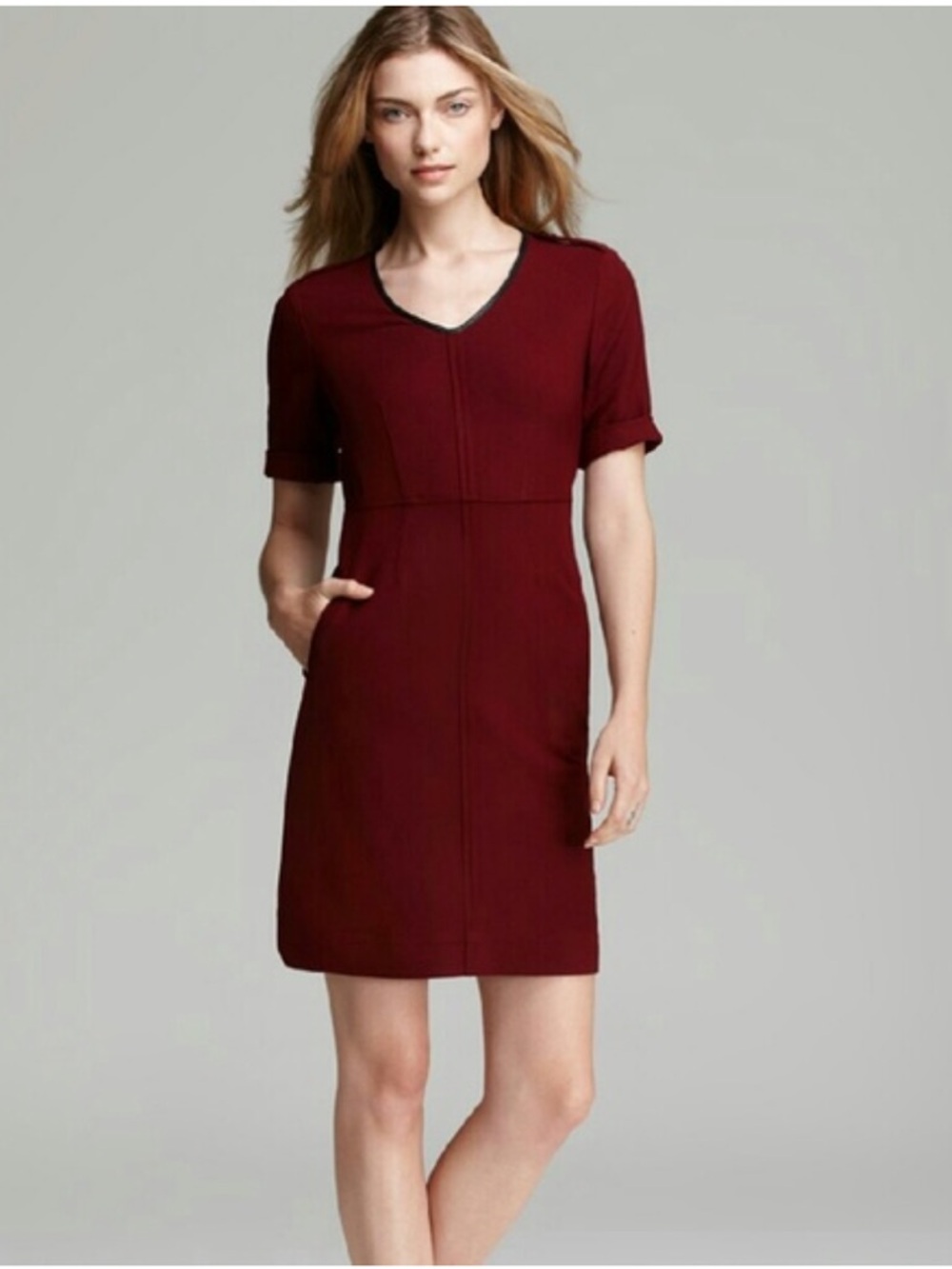 BURBERRY Burgundy Wool Sheath Dress | Leather Trim Epaulets, Pockets, VNeck